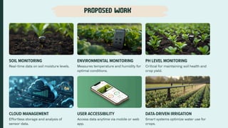 Presentation slide introducing an IoT-based smart agricultural system for monitoring soil, temperature and humidity