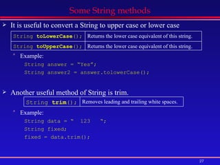 Some String methods It is useful to convert a String to upper case or lower case Example: String answer = “Yes”; String answer2 = answer.tolowerCase(); Another useful method of String is trim. Example: String data = “  123  “; String fixed; fixed = data.trim(); String  trim ();   Removes leading and trailing white spaces.   String  toLowerCase ();   Returns the lower case equivalent of this string.  String  toUpperCase ();   Returns the lower case equivalent of this string.  