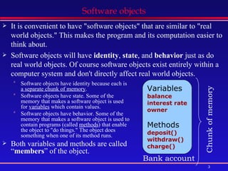 Software objects It is convenient to have &quot;software objects&quot; that are similar to &quot;real world objects.&quot; This makes the program and its computation easier to think about.  Software objects will have  identity ,  state , and  behavior  just as do real world objects. Of course software objects exist entirely within a computer system and don't directly affect real world objects. Software objects have identity because each is  a separate chunk of memory .  Software objects have state. Some of the memory that makes a software object is used for  variables  which contain values.  Software objects have behavior. Some of the memory that makes a software object is used to contain programs (called  methods ) that enable the object to &quot;do things.&quot; The object does something when one of its method runs. Both variables and methods are called “ members ” of the object. Variables balance interest rate owner Methods deposit() withdraw() charge() Bank account Chunk of memory 