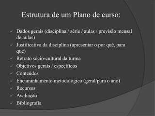 Plano de aulaPLANO DE CURSO(PROGRAMA DE DISCIPLINA NUMA SÉRIE OU NÍVEL ESPECÍFICO / PREVISÃO INTERDISCIPLINAR)PLANO DE UNIDADE(DESMEMBRAMENTO DO PLANO ANTERIOR EM UNIDADES TEMÁTICAS / PODE ARTICULAR-SE COM O TRABALHO POR PROJETOS)PLANO DE AULA