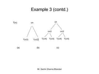 Example 3 (contd.) cn T(n) cn T(n/2) T(n/2 ) cn/2 cn/2 T(n/4) T(n/4) T(n/4) T(n/4) (a) (b) (c) 