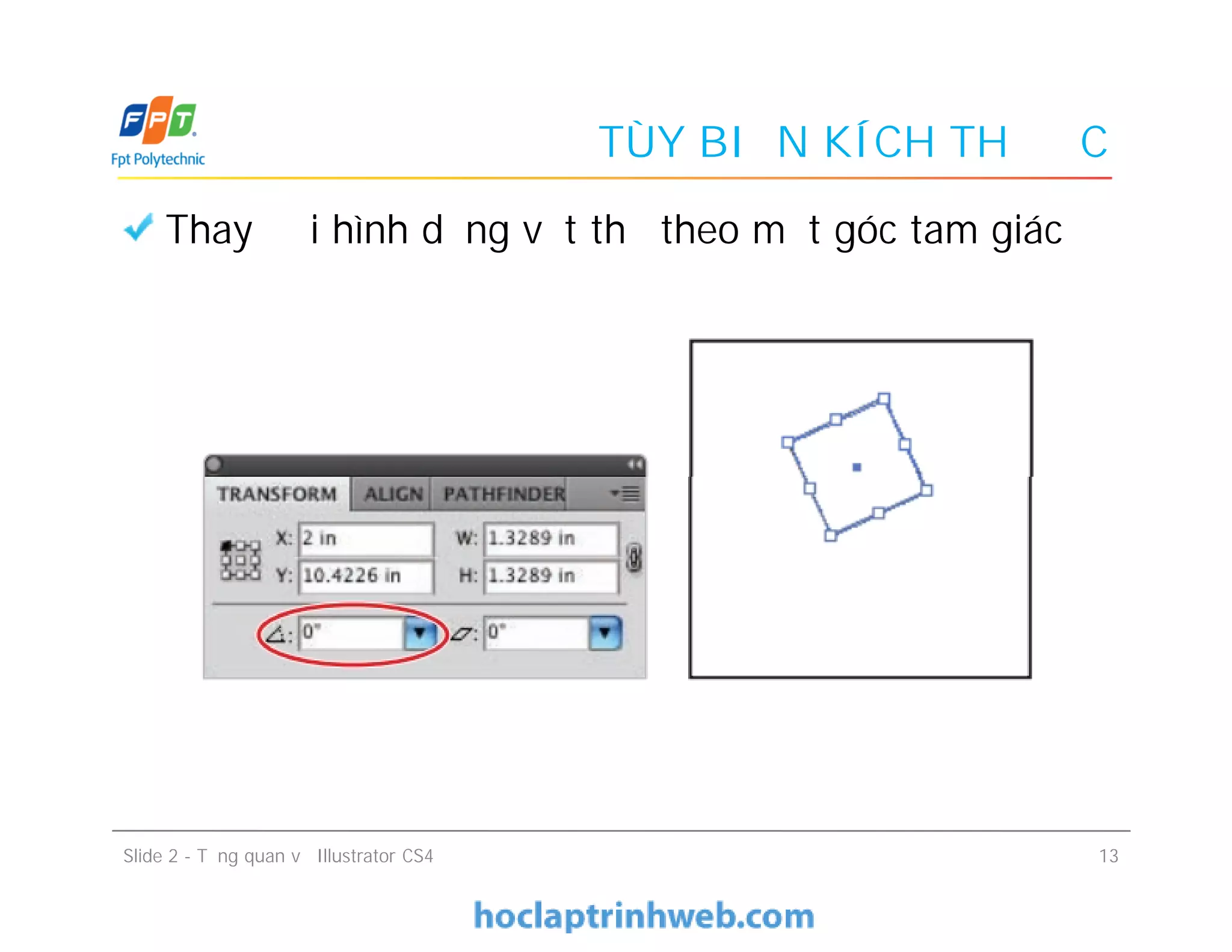 TÙY BIẾN KÍCH THƯỚC
Thay đổi hình dạng vật thể theo một góc tam giác
Slide 2 - Tổng quan về Illustrator CS4 13
 