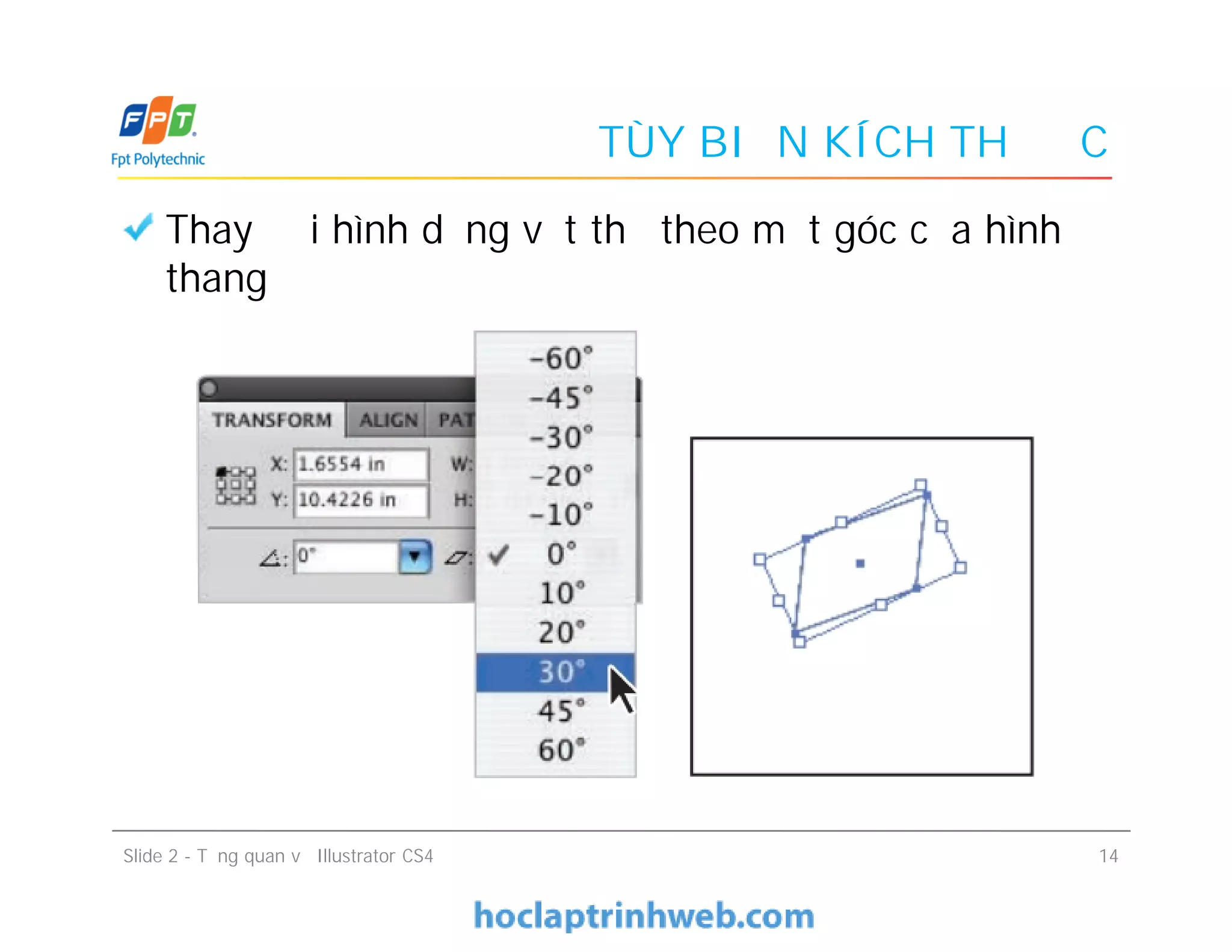 TÙY BIẾN KÍCH THƯỚC
Thay đổi hình dạng vật thể theo một góc của hình
thang
Slide 2 - Tổng quan về Illustrator CS4 14
 