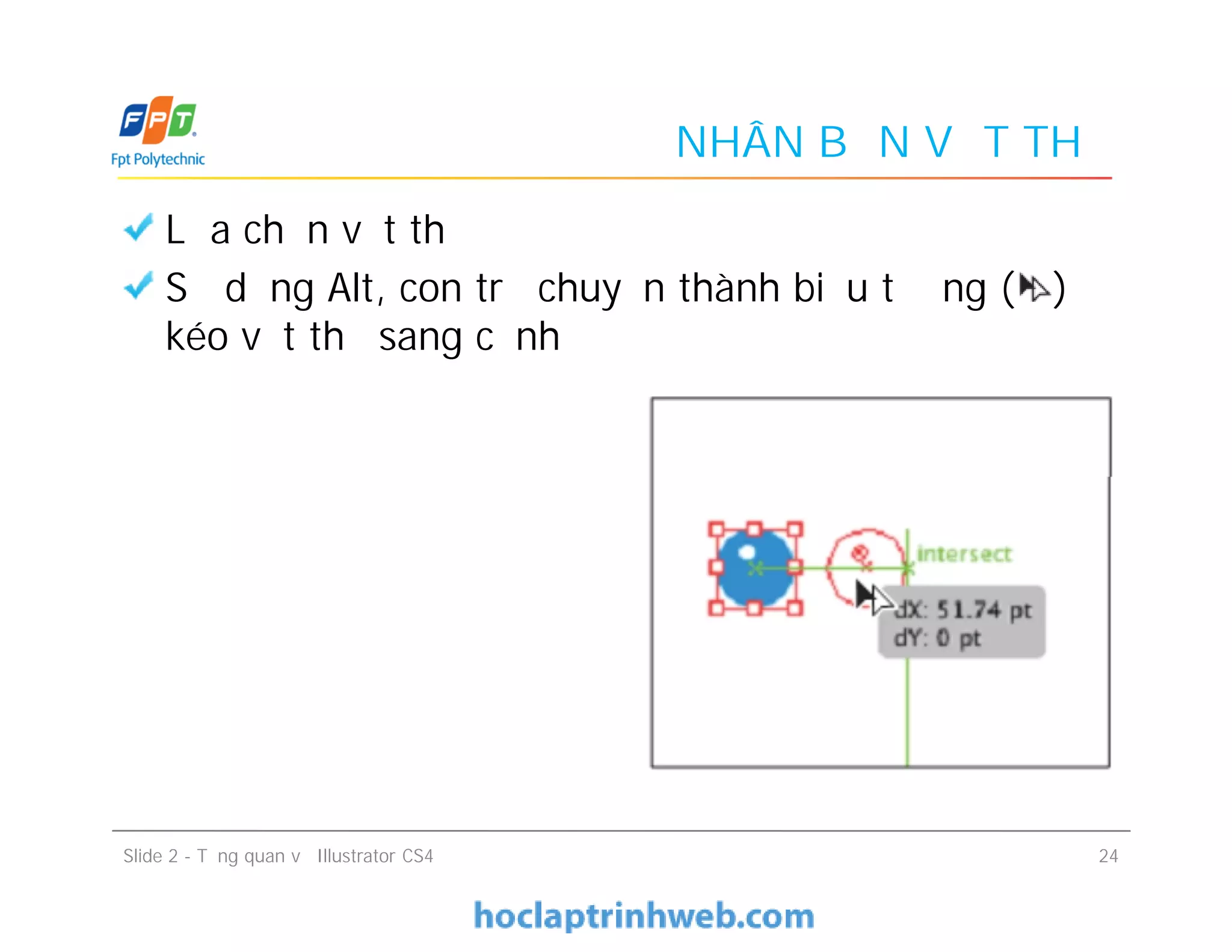 NHÂN BẢN VẬT THỂ
Lựa chọn vật thể
Sử dụng Alt, con trỏ chuyển thành biểu tượng ( )
kéo vật thể sang cạnh
Slide 2 - Tổng quan về Illustrator CS4 24
 