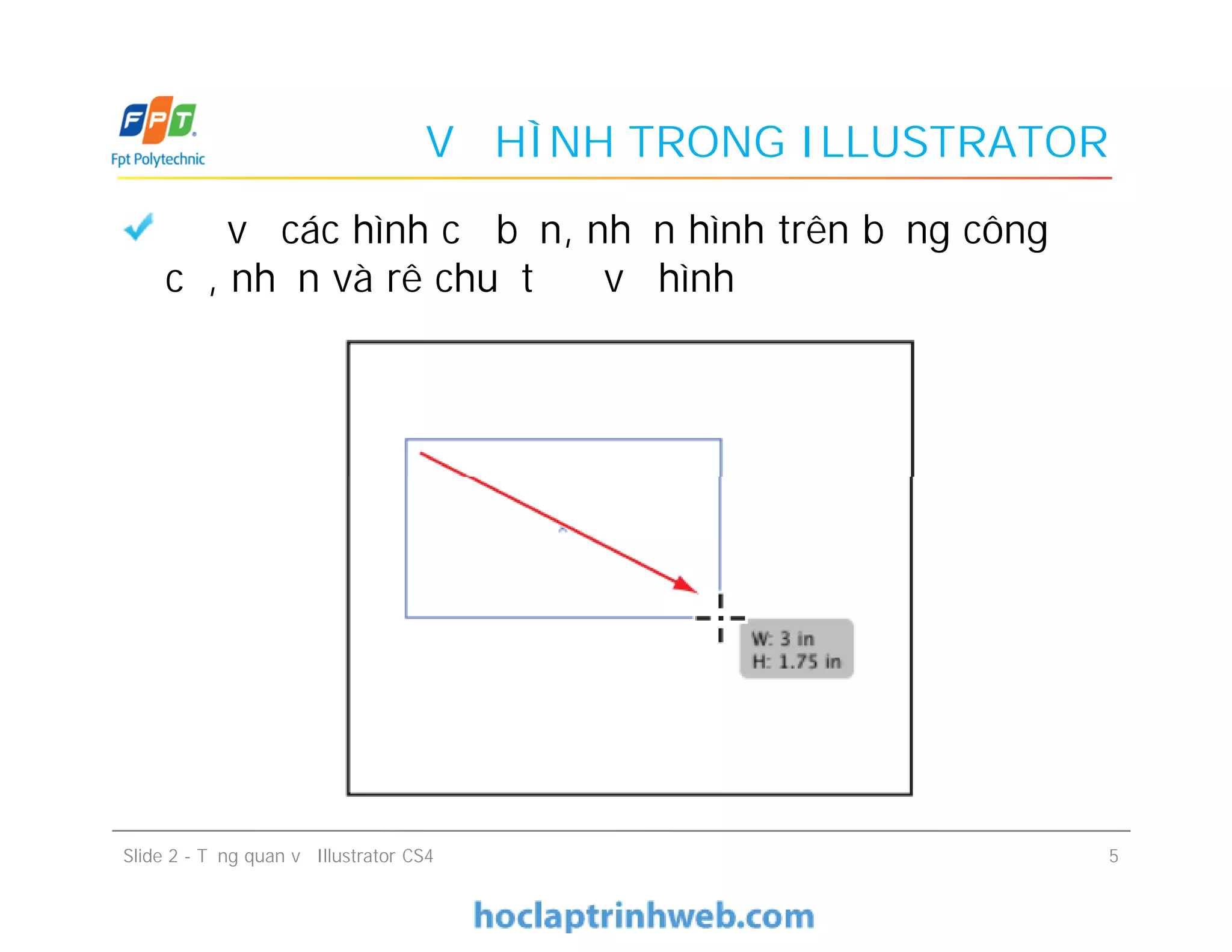VẼ HÌNH TRONG ILLUSTRATOR
Để vẽ các hình cơ bản, nhấn hình trên bảng công
cụ, nhấn và rê chuột để vẽ hình
Slide 2 - Tổng quan về Illustrator CS4 5
 