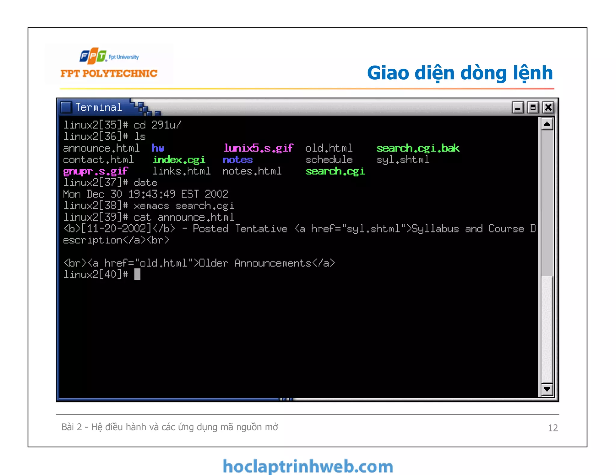 Giao diện dòng lệnh
12Bài 2 - Hệ điều hành và các ứng dụng mã nguồn mở
 
