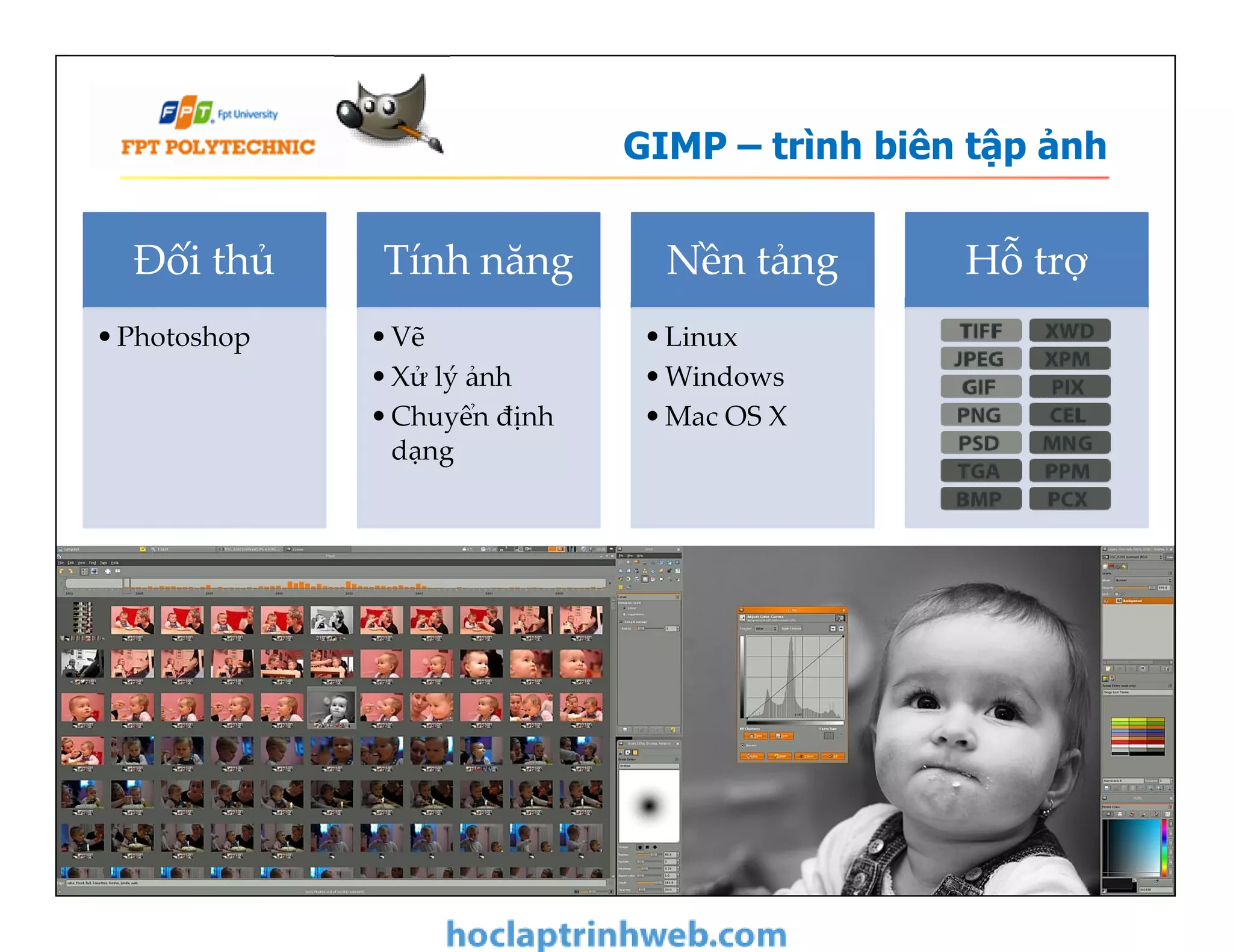 GIMP – trình biên tập ảnh
Đối thủ
•Photoshop
Tính năng
•Vẽ
•Xử lý ảnh
•Chuyển định
dạng
Nền tảng
•Linux
•Windows
•Mac OS X
Hỗ trợ
Bài 2 - Hệ điều hành và các ứng dụng mã nguồn mở 22
•Vẽ
•Xử lý ảnh
•Chuyển định
dạng
 