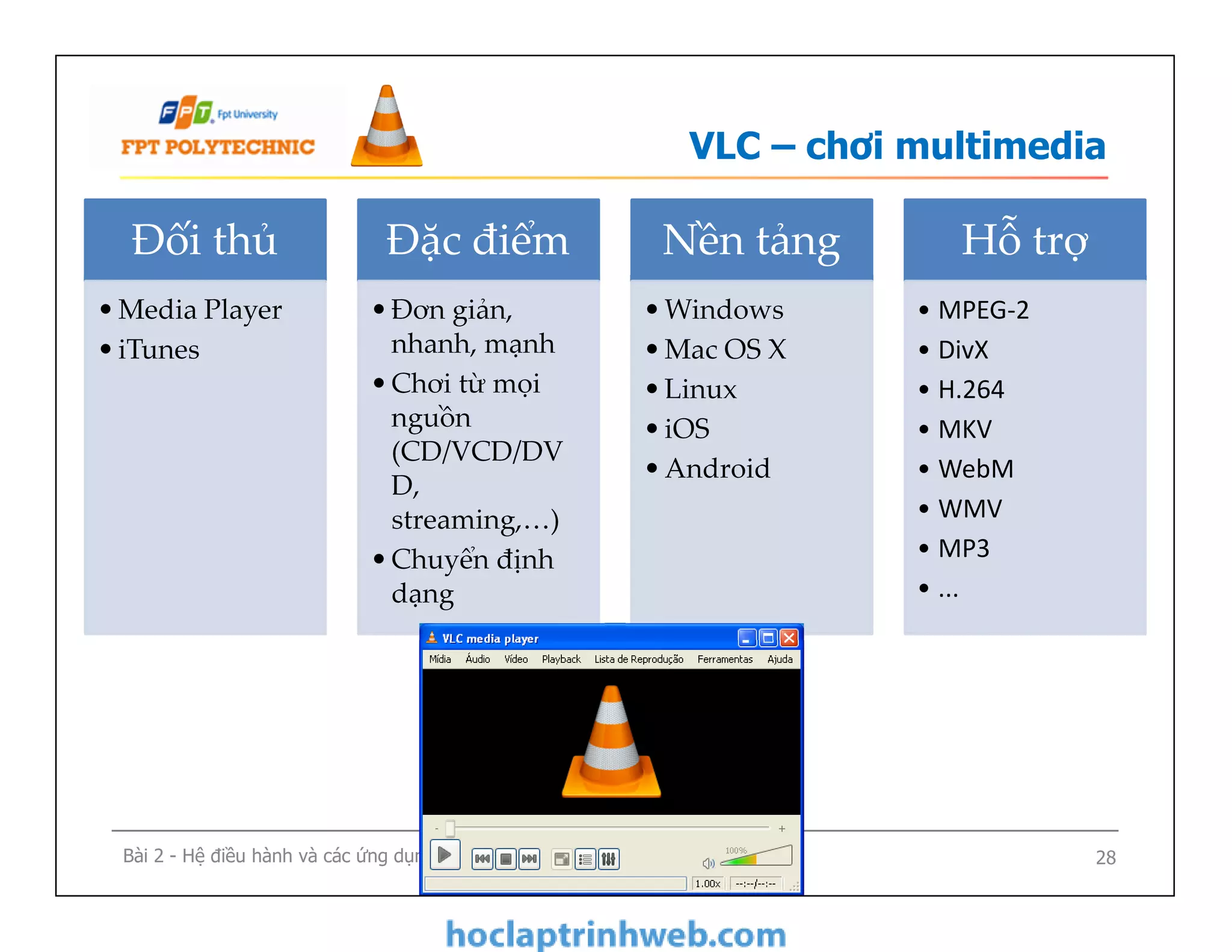 VLC – chơi multimedia
Đối thủ
•Media Player
•iTunes
Đặc điểm
•Đơn giản,
nhanh, mạnh
•Chơi từ mọi
nguồn
(CD/VCD/DV
D,
streaming,…)
•Chuyển định
dạng
Nền tảng
•Windows
•Mac OS X
•Linux
•iOS
•Android
Hỗ trợ
• MPEG-2
• DivX
• H.264
• MKV
• WebM
• WMV
• MP3
• ...
Bài 2 - Hệ điều hành và các ứng dụng mã nguồn mở 28
•Đơn giản,
nhanh, mạnh
•Chơi từ mọi
nguồn
(CD/VCD/DV
D,
streaming,…)
•Chuyển định
dạng
•Windows
•Mac OS X
•Linux
•iOS
•Android
• MPEG-2
• DivX
• H.264
• MKV
• WebM
• WMV
• MP3
• ...
 