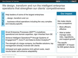 DESIGN • TRANSFORM • RUN 1© 2015 Copyright Genpact. All Rights Reserved.
We design, transform and run the intelligent enterprise
operations that strengthen our clients’ competitiveness
About Genpact ► Overview
*US$22B is a cumulative figure since 2006
*Cumulative figure since 2006
Whatwedo
Help leaders of some of the largest enterprises
…design, transform and run
…business-critical operations including the very complex
and industry-specific
Howwedoit
Smart Enterprise Processes (SEPSM) crystallizes
operational and domain expertise, rigor inherited from GE
Achieve Intelligent OperationsSM through Systems of
EngagementTM, Core IT and Data-to-Action AnalyticsSM
The strength of a large company, but flexible solutions; top
management directly involved with clients
Unbiased and agile solutions limit upfront costs, reach
results faster and enhance adaptability
Our impact
We make clients
more competitive:
• More efficient,
effective
• Able to better
manage costs,
risks, regulations,
and support growth
The results:
US$22B*+ of impact
for 800 global clients
 