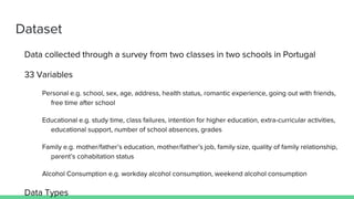 Dataset
Data collected through a survey from two classes in two schools in Portugal
33 Variables
Personal e.g. school, sex, age, address, health status, romantic experience, going out with friends,
free time after school
Educational e.g. study time, class failures, intention for higher education, extra-curricular activities,
educational support, number of school absences, grades
Family e.g. mother/father’s education, mother/father’s job, family size, quality of family relationship,
parent’s cohabitation status
Alcohol Consumption e.g. workday alcohol consumption, weekend alcohol consumption
Data Types
 