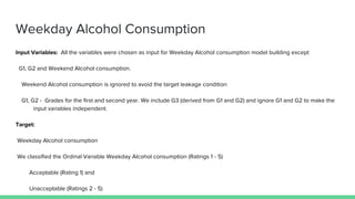 Weekday Alcohol Consumption
Input Variables: All the variables were chosen as input for Weekday Alcohol consumption model building except
G1, G2 and Weekend Alcohol consumption.
Weekend Alcohol consumption is ignored to avoid the target leakage condition
G1, G2 - Grades for the first and second year. We include G3 (derived from G1 and G2) and ignore G1 and G2 to make the
input variables independent.
Target:
Weekday Alcohol consumption
We classified the Ordinal Variable Weekday Alcohol consumption (Ratings 1 - 5)
Acceptable (Rating 1) and
Unacceptable (Ratings 2 - 5)
 