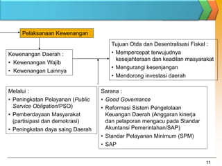 11
Pelaksanaan Kewenangan
Kewenangan Daerah :
• Kewenangan Wajib
• Kewenangan Lainnya
Tujuan Otda dan Desentralisasi Fiskal :
• Mempercepat terwujudnya
kesejahteraan dan keadilan masyarakat
• Mengurangi kesenjangan
• Mendorong investasi daerah
Melalui :
• Peningkatan Pelayanan (Public
Service Obligation/PSO)
• Pemberdayaan Masyarakat
(partisipasi dan demokrasi)
• Peningkatan daya saing Daerah
Sarana :
• Good Governance
• Reformasi Sistem Pengelolaan
Keuangan Daerah (Anggaran kinerja
dan pelaporan mengacu pada Standar
Akuntansi Pemerintahan/SAP)
• Standar Pelayanan Minimum (SPM)
• SAP
 
