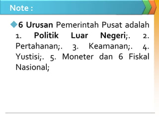 Note :
6 Urusan Pemerintah Pusat adalah
1. Politik Luar Negeri;. 2.
Pertahanan;. 3. Keamanan;. 4.
Yustisi;. 5. Moneter dan 6 Fiskal
Nasional;
 