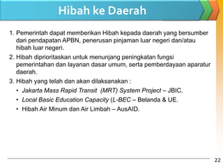 Hibah ke Daerah
1. Pemerintah dapat memberikan Hibah kepada daerah yang bersumber
dari pendapatan APBN, penerusan pinjaman luar negeri dan/atau
hibah luar negeri.
2. Hibah diprioritaskan untuk menunjang peningkatan fungsi
pemerintahan dan layanan dasar umum, serta pemberdayaan aparatur
daerah.
3. Hibah yang telah dan akan dilaksanakan :
• Jakarta Mass Rapid Transit (MRT) System Project – JBIC.
• Local Basic Education Capacity (L-BEC – Belanda & UE.
• Hibah Air Minum dan Air Limbah – AusAID.
22
 