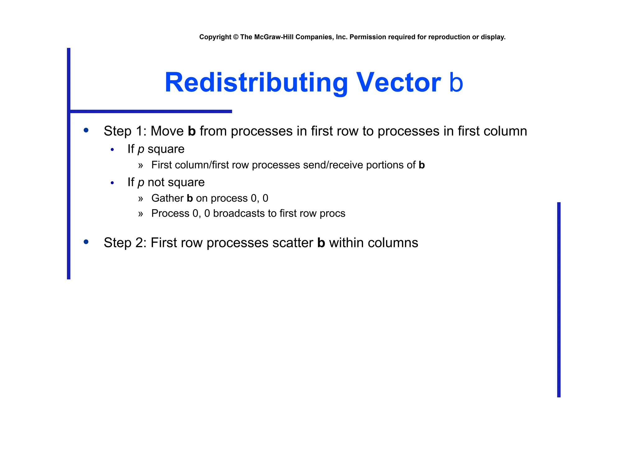 Copyright © The McGraw-Hill Companies, Inc. Permission required for reproduction or display.
Redistributing Vector b
• Step 1: Move b from processes in first row to processes in first column
• If p square
» First column/first row processes send/receive portions of b
• If p not square
» Gather b on process 0, 0
» Process 0, 0 broadcasts to first row procs
• Step 2: First row processes scatter b within columns
 