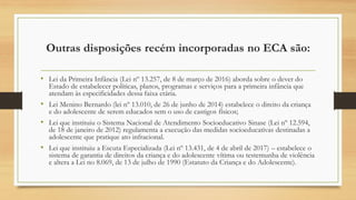 Outras disposições recém incorporadas no ECA são:
• Lei da Primeira Infância (Lei nº 13.257, de 8 de março de 2016) aborda sobre o dever do
Estado de estabelecer políticas, planos, programas e serviços para a primeira infância que
atendam às especificidades dessa faixa etária.
• Lei Menino Bernardo (lei nº 13.010, de 26 de junho de 2014) estabelece o direito da criança
e do adolescente de serem educados sem o uso de castigos físicos;
• Lei que instituiu o Sistema Nacional de Atendimento Socioeducativo Sinase (Lei nº 12.594,
de 18 de janeiro de 2012) regulamenta a execução das medidas socioeducativas destinadas a
adolescente que pratique ato infracional.
• Lei que instituiu a Escuta Especializada (Lei nº 13.431, de 4 de abril de 2017) – estabelece o
sistema de garantia de direitos da criança e do adolescente vítima ou testemunha de violência
e altera a Lei no 8.069, de 13 de julho de 1990 (Estatuto da Criança e do Adolescente).
 