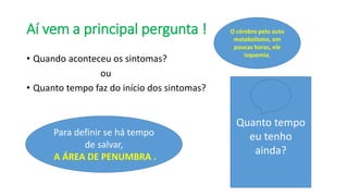 Aí vem a principal pergunta !
• Quando aconteceu os sintomas?
ou
• Quanto tempo faz do início dos sintomas?
Para definir se há tempo
de salvar,
A ÁREA DE PENUMBRA .
Quanto tempo
eu tenho
ainda?
O cérebro pelo auto
metabolismo, em
poucas horas, ele
isquemia.
 