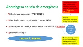 Abordagem na sala de emergência
• A) Abertura de vias aéreas ( PROTOCOLO )
• B) Respiração – ausculta, saturação ( base de 94% )
• C) Circulação – P.A., pulso, e o mais importante verificar a GLICEMIA
• D) Exame Neurológico
TEMPO É CÉREBRO
Quadros
hipoglicêmicos podem
simular quadro de AVE
Mesmo nos diagnósticos
de AVE, tanto com hipo,
como hiperglicêmicos,
prejudicam o paciente....
Corrigindo a Glicemia,
pode acontecer de
reverter o quadro de
paralisia, considerando
como diagnóstico
diferencial.
Baixa da
nutrição
no
cérebro.
 