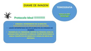 • CHEGADA E ATENDIMENTO EM 10 MINUTOS
• TOMOGRAFIA ATÉ OS PRIMEIROS 20/25 MINUTOS
• LAUDO INTERPRETADO EM ATÉ 45 MINUTOS DA CHEGADA DO
PACIENTE
• TROMBÓLISE OU FIBRINÓLISE, DENTRO DA PRIMEIRA HORA DA
CHEGADA PARA DISSOLVER O COÁGULO, PORÉM RESPEITANDO A
JANELA TERAPÊUTICA DE MENOS DE 3 HORAS DO INÍCIO DOS
SINTOMAS.
Protocolo Ideal !!!!!!!!!!!
TOMOGRAFIA
Excluir um AVE
Hemorragia
EXAME DE IMAGEM
*
 