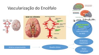 Vascularização do Encéfalo
Artéria Cerebral
Média é a
principal e a
mais acometida
no AVEI.
Artéria comprometida Quadro clínico
Síndromes
Isquêmicas
Muito
complexas
* mais acometida
O
 