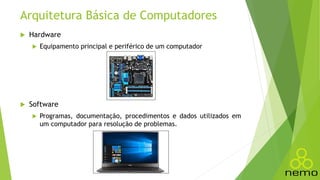 Arquitetura Básica de Computadores
 Hardware
 Equipamento principal e periférico de um computador
 Software
 Programas, documentação, procedimentos e dados utilizados em
um computador para resolução de problemas.
 