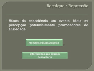  Afasta da consciência um evento, ideia ou
percepção potencialmente provocadores de
ansiedade.
Memórias traumatizantes
Informações que causam
desconforto
 