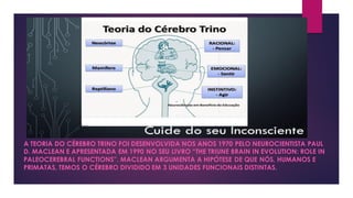 A TEORIA DO CÉREBRO TRINO FOI DESENVOLVIDA NOS ANOS 1970 PELO NEUROCIENTISTA PAUL
D. MACLEAN E APRESENTADA EM 1990 NO SEU LIVRO “THE TRIUNE BRAIN IN EVOLUTION: ROLE IN
PALEOCEREBRAL FUNCTIONS”. MACLEAN ARGUMENTA A HIPÓTESE DE QUE NÓS, HUMANOS E
PRIMATAS, TEMOS O CÉREBRO DIVIDIDO EM 3 UNIDADES FUNCIONAIS DISTINTAS.
 