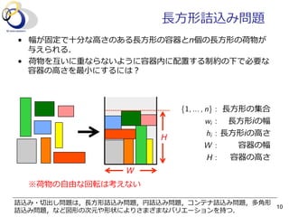 ⻑⾧長⽅方形詰込み問題
•  幅が固定で⼗十分な⾼高さのある⻑⾧長⽅方形の容器とn個の⻑⾧長⽅方形の荷物が
与えられる．
•  荷物を互いに重ならないように容器内に配置する制約の下で必要な
容器の⾼高さを最⼩小にするには？
W
H
※荷物の⾃自由な回転は考えない
⻑⾧長⽅方形の集合
⻑⾧長⽅方形iの幅
⻑⾧長⽅方形iの⾼高さ
容器の幅
容器の⾼高さ
詰込み・切切出し問題は，⻑⾧長⽅方形詰込み問題，円詰込み問題，コンテナ詰込み問題，多⾓角形
詰込み問題，など図形の次元や形状によりさまざまなバリエーションを持つ．
10
 