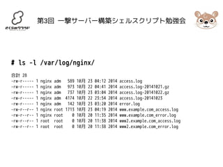 第3回 一撃サーバー構築シェルスクリプト勉強会 
# ls -l /var/log/nginx/ 
合計 28 
-rw-r----- 1 nginx adm 589 10月 23 04:12 2014 access.log 
-rw-r----- 1 nginx adm 973 10月 22 04:41 2014 access.log-20141021.gz 
-rw-r----- 1 nginx adm 737 10月 23 03:04 2014 access.log-20141022.gz 
-rw-r----- 1 nginx adm 4174 10月 22 23:54 2014 access.log-20141023 
-rw-r----- 1 nginx adm 142 10月 23 03:20 2014 error.log 
-rw-r--r-- 1 nginx root 1713 10月 23 04:19 2014 www.example.com_access.log 
-rw-r--r-- 1 nginx root 0 10月 20 11:35 2014 www.example.com_error.log 
-rw-r--r-- 1 root root 0 10月 20 11:38 2014 www2.example.com_access.log 
-rw-r--r-- 1 root root 0 10月 20 11:38 2014 www2.example.com_error.log 
 