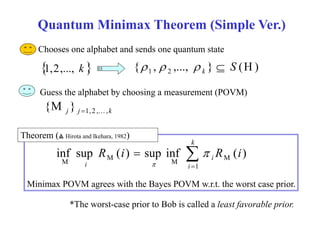 Quantum Minimax Theorem (Simple Ver.) 
１．Chooses one alphabet and sends one quantum state 
  { , ,..., } (H ) 1 2 S k 1,2,..., k     
Guess the alphabet by choosing a measurement (POVM) 
j j 1, 2 , ,k 
{M } Theorem ( Hirota and Ikehara, 1982) 
k 
  
inf sup ( ) sup inf  ( ) 
M M M M 
i 
i 
i 
R i R i 
1 
 
, ) 
Minimax POVM agrees with the Bayes POVM w.r.t. the worst case prior. 
*The worst-case prior to Bob is called a least favorable prior. 
 