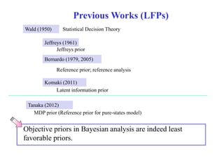 Previous Works (LFPs) 
Wald (1950) Statistical Decision Theory 
Jeffreys (1961) 
Jeffreys prior 
Bernardo ( , 1979, ) 
2005) 
Reference prior; reference analysis 
Komaki (2011) 
Latent information prior 
Tanaka (2012) 
MDP p prior ( Reference p prior for p pure-states model) 
) 
Objective priors in Bayesian analysis are indeed least 
favorable priors. 
 
