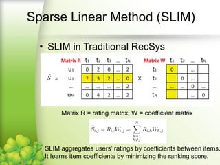 • SLIM in Traditional RecSys
Matrix R = rating matrix; W = coefficient matrix
SLIM aggregates users’ ratings by coefficients between items.
It learns item coefficients by minimizing the ranking score.
Sparse Linear Method (SLIM)
 