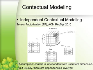Contextual Modeling
• Independent Contextual Modeling
Tensor Factorization (TF), ACM RecSys 2010
Assumption: context is independent with user/item dimension.
But usually, there are dependencies involved.
 