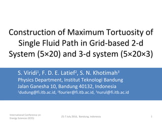 International Conference on
Energy Sciences (ICES)
25-7 July 2016, Bandung, Indonesia 1
Construction of Maximum Tortuosity of
Single Fluid Path in Grid-based 2-d
System (5×20) and 3-d system (5×20×3)
S. Viridi1
, F. D. E. Latief2
, S. N. Khotimah3
Physics Department, Institut Teknologi Bandung
Jalan Ganesha 10, Bandung 40132, Indonesia
1
dudung@fi.itb.ac.id, 2
fourier@fi.itb.ac.id, 3
nurul@fi.itb.ac.id
 