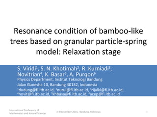International Conference of
Mathematics and Natural Sciences
3-4 November 2016, Bandung, Indonesia 1
Resonance condition of bamboo-like
trees based on granular particle-spring
model: Relaxation stage
S. Viridi1
, S. N. Khotimah2
, R. Kurniadi3
,
Novitrian4
, K. Basar5
, A. Purqon6
Physics Department, Institut Teknologi Bandung
Jalan Ganesha 10, Bandung 40132, Indonesia
1
dudung@fi.itb.ac.id, 2
nurul@fi.itb.ac.id, 3
rijalkl@fi.itb.ac.id,
4
novit@fi.itb.ac.id, 5
khbasa@fi.itb.ac.id, 6
acep@fi.itb.ac.id
 