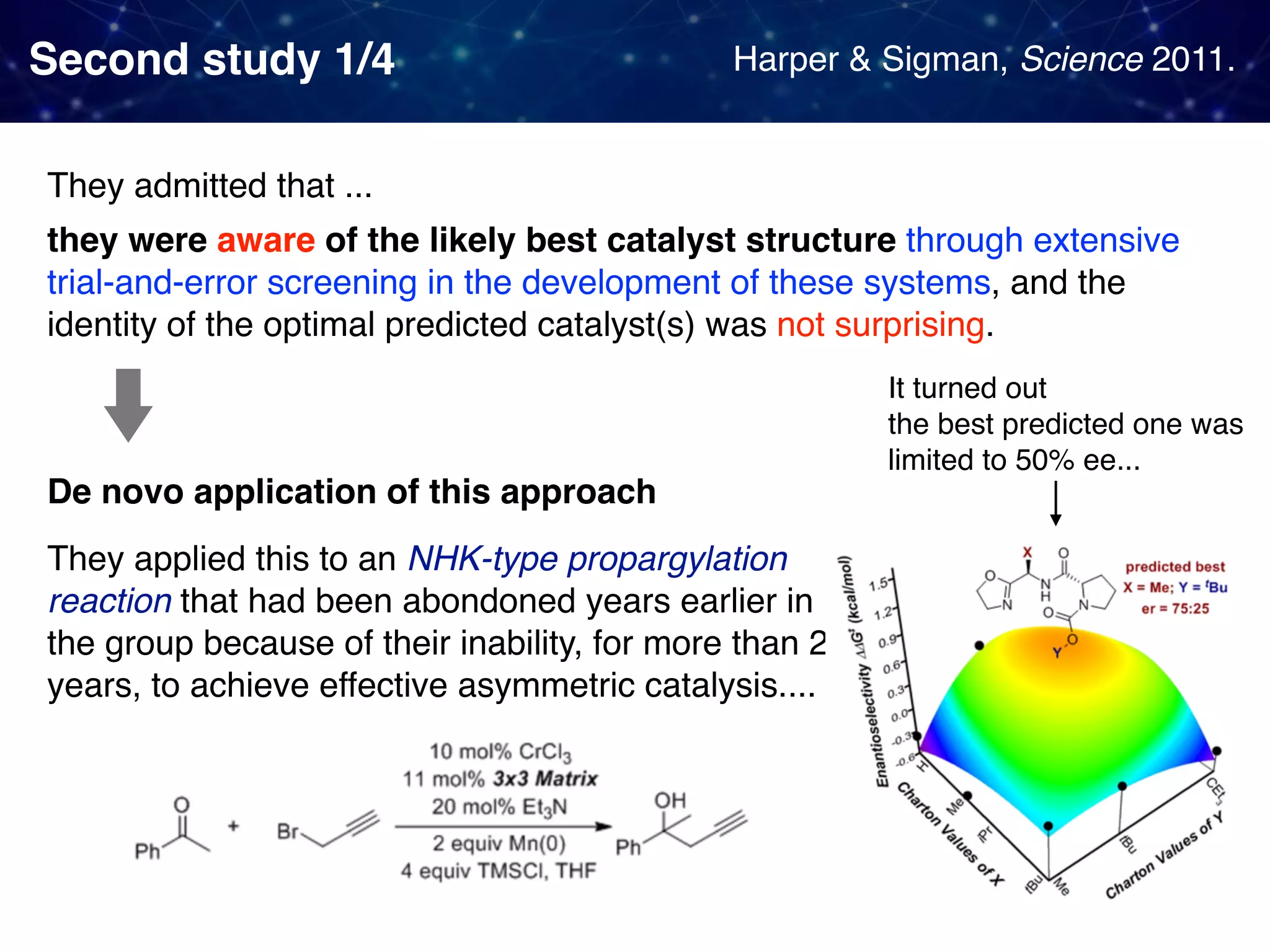 Second study 1/4 They admitted that ... they were aware of the likely best catalyst structure through extensive trial-and-error screening in the development of these systems, and the identity of the optimal predicted catalyst(s) was not surprising. De novo application of this approach They applied this to an NHK-type propargylation reaction that had been abondoned years earlier in the group because of their inability, for more than 2 years, to achieve effective asymmetric catalysis.... It turned out   the best predicted one was  limited to 50% ee... Harper & Sigman, Science 2011. 