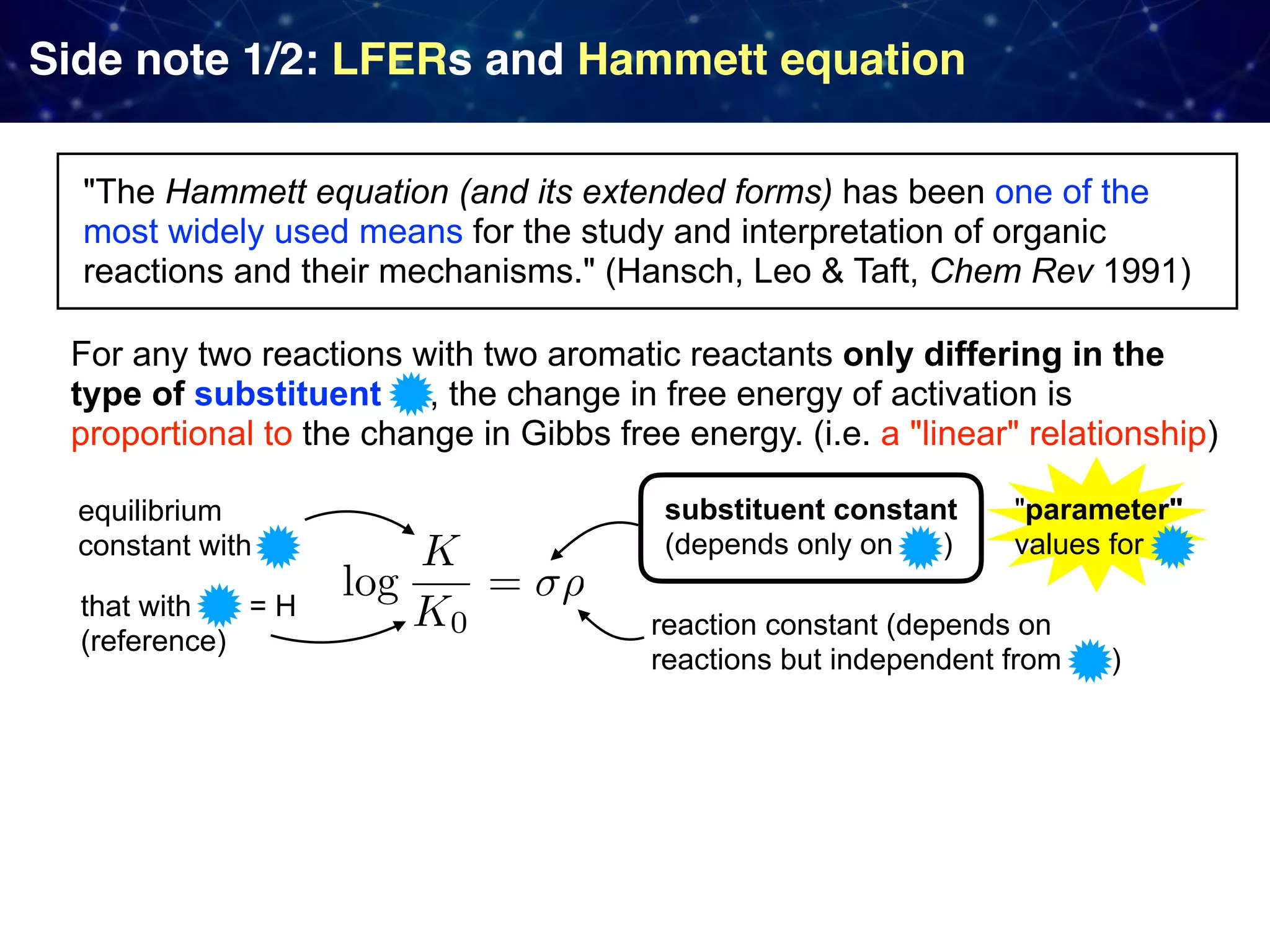 Side note 1/2: LFERs and Hammett equation "The Hammett equation (and its extended forms) has been one of the most widely used means for the study and interpretation of organic reactions and their mechanisms." (Hansch, Leo & Taft, Chem Rev 1991) For any two reactions with two aromatic reactants only differing in the type of substituent , the change in free energy of activation is proportional to the change in Gibbs free energy. (i.e. a "linear" relationship) equilibrium constant with that with = H (reference) substituent constant (depends only on ) reaction constant (depends on reactions but independent from ) "parameter"  values for 