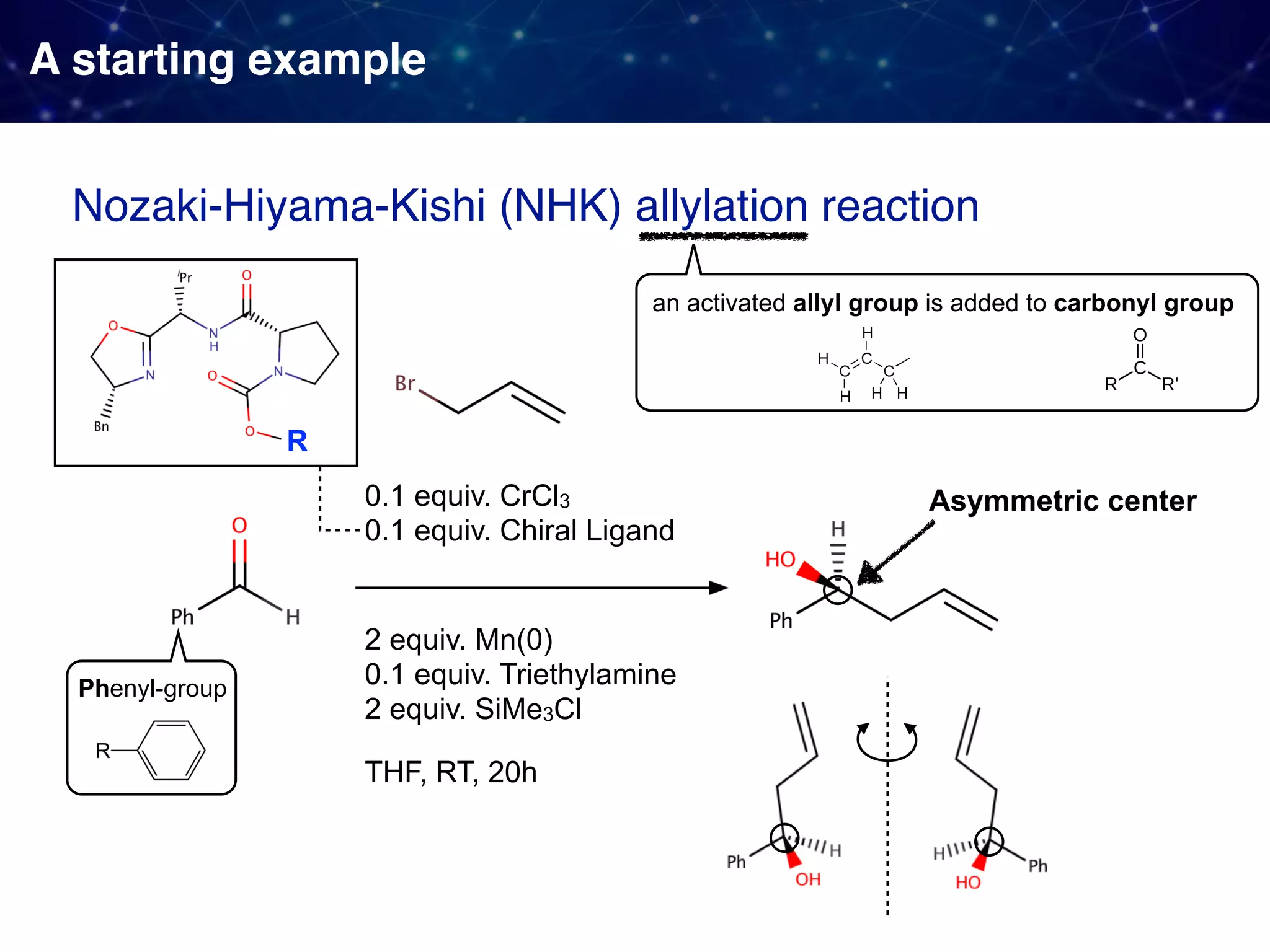 A starting example 0.1 equiv. CrCl3 0.1 equiv. Chiral Ligand Nozaki-Hiyama-Kishi (NHK) allylation reaction THF, RT, 20h an activated allyl group is added to carbonyl group Phenyl-group Asymmetric center R 2 equiv. Mn(0) 0.1 equiv. Triethylamine 2 equiv. SiMe3Cl 