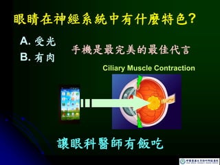 眼睛在神經系統中有什麼特色?
A. 受光
B. 有肉
Ciliary Muscle Contraction
手機是最完美的最佳代言
讓眼科醫師有飯吃
 