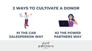 2 WAYS TO CULTIVATE A DONOR
#1 THE CAR
SALESPERSON WAY
#2 THE POWER
PARTNERS WAY
 