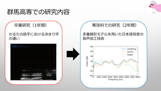 群馬高専での研究内容
かるたの読手における決まり字
の違い
卒業研究（1年間）
多重線形モデルを用いた日本語母音の
音声加工技術
専攻科での研究（2年間）
 