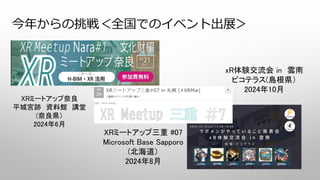 今年からの挑戦＜全国でのイベント出展＞
XRミートアップ奈良
平城宮跡 資料館 講堂
(奈良県）
2024年6月
XRミートアップ三重 #07
Microsoft Base Sapporo
(北海道）
2024年8月
xR体験交流会 in 雲南
ピコテラス(島根県）
2024年10月
 