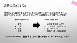 活動の目的(1/2)
時代によって記録の手法は異なるが記録を残すことで文化が継承されている。
現代ではデジタルデータとして記録し、アクセス可能な状態で残すことが重要。
従来の記録方法
• 文字
• 口伝
• 絵画
• 写真
現代の記録方法
• 光学文字認識（OCR)
• フィールドレコーディング
• デジタルアート
• 3Dスキャン、4次元表現
フィールドワークし、記録することで、誰もが扱いやすいデータとして保存
 