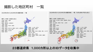 撮影した地区町村 一覧
２３都道府県 １,０００カ所以上の3Dデータを収集中
 