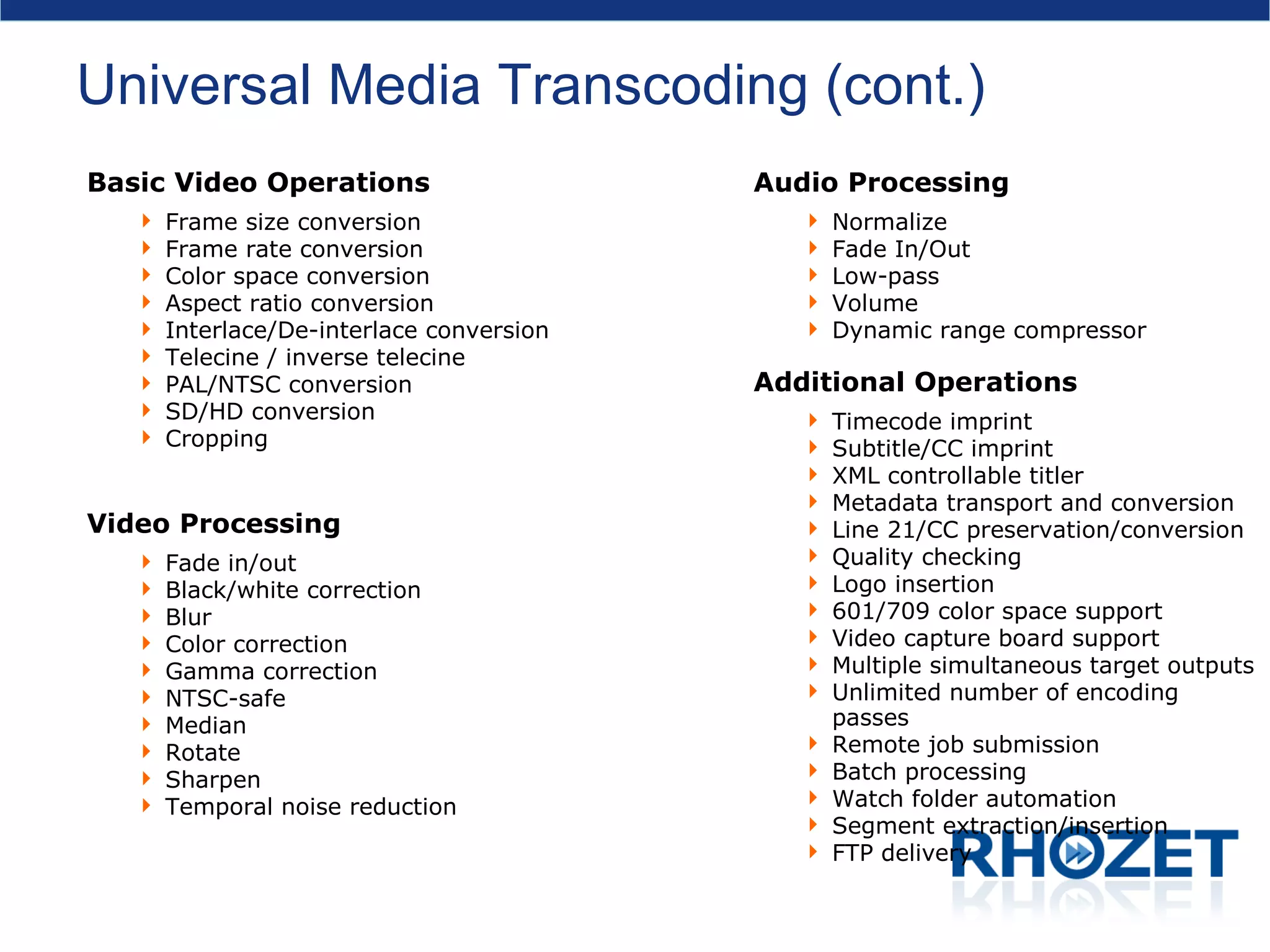 Universal Media Transcoding (cont.) Basic Video Operations Frame size conversion Frame rate conversion Color space conversion Aspect ratio conversion Interlace/De-interlace conversion Telecine / inverse telecine PAL/NTSC conversion SD/HD conversion Cropping Video Processing Fade in/out Black/white correction Blur Color correction Gamma correction NTSC-safe Median Rotate Sharpen Temporal noise reduction Audio Processing Normalize Fade In/Out Low-pass Volume Dynamic range compressor Additional Operations Timecode imprint Subtitle/CC imprint XML controllable titler  Metadata transport and conversion Line 21/CC preservation/conversion Quality checking Logo insertion 601/709 color space support Video capture board support Multiple simultaneous target outputs Unlimited number of encoding passes  Remote job submission Batch processing Watch folder automation Segment extraction/insertion FTP delivery 
