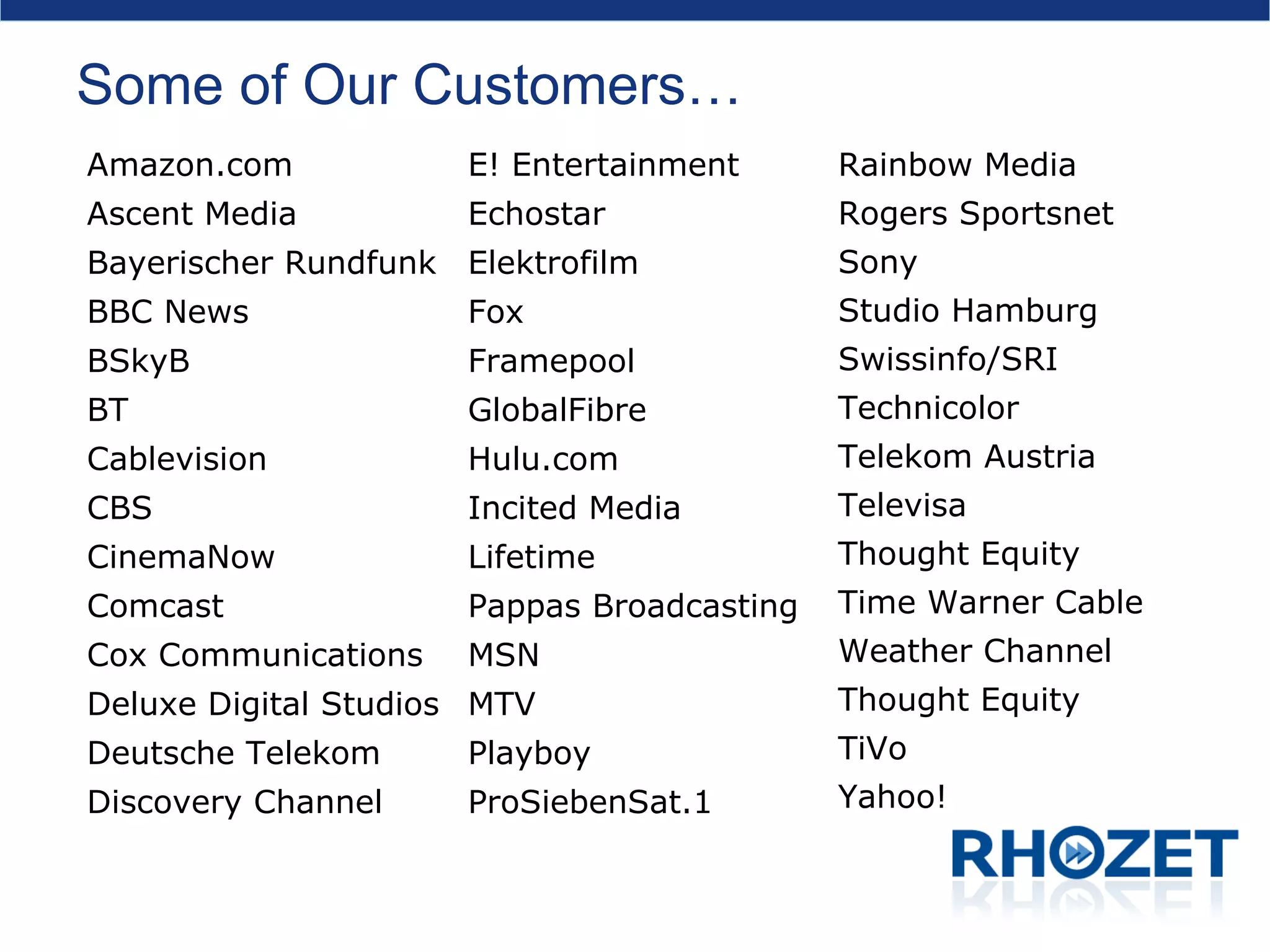 Some of Our Customers… Amazon.com Ascent Media Bayerischer Rundfunk BBC News BSkyB BT Cablevision CBS CinemaNow Comcast Cox Communications Deluxe Digital Studios Deutsche Telekom Discovery Channel E! Entertainment Echostar Elektrofilm Fox Framepool GlobalFibre Hulu.com Incited Media Lifetime  Pappas Broadcasting MSN MTV Playboy ProSiebenSat.1 Rainbow Media Rogers Sportsnet Sony Studio Hamburg Swissinfo/SRI Technicolor Telekom Austria Televisa Thought Equity Time Warner Cable Weather Channel Thought Equity  TiVo Yahoo! 