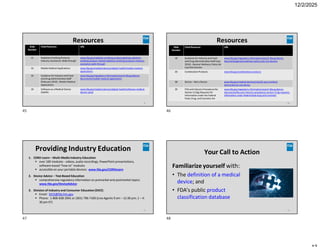 12/2/2025
Resources
45
URL
Cited Resource
Slide
Number
www.fda.gov/radiation-emitting-products/getting-radiation-
emitting-product-market/radiation-emitting-products-industry-
assistance-walk-through
Radiation-EmittingProducts
Industry Assistance: Walk-through
15
www.fda.gov/medical-devices/digital-health/mobile-medical-
applications
Mobile Medical Applications
16
www.fda.gov/regulatory-information/search-fda-guidance-
documents/mobile-medical-applications
Guidance for Industry and Food
and Drug Administration Staff
[February 2019] - Mobile Medical
Applications
16
www.fda.gov/medical-devices/digital-health/software-medical-
device-samd
Software as a Medical Device
(SaMD)
18
Resources
46
URL
Cited Resource
Slide
Number
www.fda.gov/regulatory-information/search-fda-guidance-
documents/general-wellness-policy-low-risk-devices
Guidance for Industry and Food
and Drug AdministrationStaff [July
2016] - General Wellness:Policy for
Low Risk Devices
19
www.fda.gov/combination-products
Combination Products
20
www.fda.gov/medical-devices/classify-your-medical-
device/device-not-device
Device – Not a Device
38
www.fda.gov/regulatory-information/search-fda-guidance-
documents/fda-and-industry-procedures-section-513g-requests-
information-under-federal-food-drug-and-cosmetic
FDA and Industry Proceduresfor
Section 513(g) Requests for
Information under the Federal
Food, Drug, and Cosmetic Act
39
Providing Industry Education
47
1. CDRH Learn – Multi-MediaIndustry Education
 over 100 modules - videos, audio recordings, PowerPoint presentations,
software-based “how to” modules
 accessible on your portable devices: www.fda.gov/CDRHLearn
2. Device Advice – Text-Based Education
 comprehensive regulatory information on premarket and postmarket topics:
www.fda.gov/DeviceAdvice
3. Division of Industry and Consumer Education (DICE)
 Email: DICE@fda.hhs.gov
 Phone: 1-800-638-2041 or (301) 796-7100 (Live Agents 9 am – 12:30 pm; 1 – 4:
30 pm ET)
Your Call to Action
Familiarize yourself with:
• The definition of a medical
device; and
• FDA’s public product
classification database
48
45 46
47 48
 
