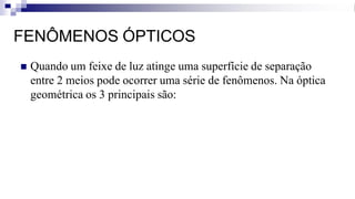 FENÔMENOS ÓPTICOS
◼ Quando um feixe de luz atinge uma superfície de separação
entre 2 meios pode ocorrer uma série de fenômenos. Na óptica
geométrica os 3 principais são:
 