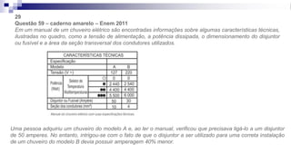 29
Questão 59 – caderno amarelo – Enem 2011
Em um manual de um chuveiro elétrico são encontradas informações sobre algumas características técnicas,
ilustradas no quadro, como a tensão de alimentação, a potência dissipada, o dimensionamento do disjuntor
ou fusível e a área da seção transversal dos condutores utilizados.
Uma pessoa adquiriu um chuveiro do modelo A e, ao ler o manual, verificou que precisava ligá-lo a um disjuntor
de 50 amperes. No entanto, intrigou-se com o fato de que o disjuntor a ser utilizado para uma correta instalação
de um chuveiro do modelo B devia possuir amperagem 40% menor.
 