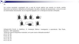 36-
Um curioso estudante, empolgado com a aula de circuito elétrico que assistiu na escola, resolve
desmontar sua lanterna. Utilizando-se da lâmpada e da pilha, retiradas do equipamento, e de um fio com
as extremidades descascadas, faz as seguintes ligações com a intenção de acender a lâmpada:
Paulo,
GONçALVES FiLHO, A. BAROLLi, E. Instalação Elétrica: investigando e aprendendo. São
Scipione, 1997 (adaptado).
Tendo por base os esquemas mostrados, em quais casos a lâmpada acendeu?
a) (1), (3), (6)
b) (3), (4), (5)
c) (1), (3), (5)
d) (1), (3), (7)
e) (1), (2), (5)
 